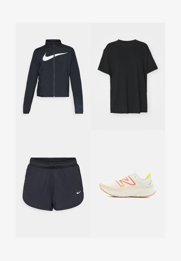 Giacca sportiva nera con zip completa, colletto alto, maniche lunghe e grande logo swoosh bianco Nike sul petto.; T-shirt nera a maniche corte realizzata in un tessuto morbido, con collo rotondo e vestibilità ampia. Presenta delle fessure laterali per un comfort e una traspirabilità aggiuntivi.; Pantaloncini sportivi neri con cintura elastica, caratterizzati da un design sportivo e un logo Nike bianco sulla parte anteriore inferiore. Tessuto strutturato.; New Balance FRESH FOAM X MORE V4 - Scarpe da corsa su strada - sea salt