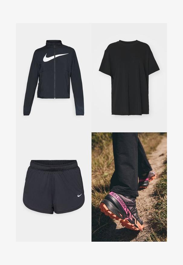 Juodas sportinis džemperis su visiškai užtraukiama užtrauktuku, aukšta apykakle, ilgomis rankovėmis ir dideliu baltu Nike swoosh logotipu per krūtinę.; Juodas trumpas rankovėmis marškinėliai, pagaminti iš lygaus audinio, su apvaliu iškirpimu ir laisvu siluetu. Įrengti šoninių skeltukų patogumui ir oro pralaidumui.; Juodi sportiniai šortai su elastine liemene, turintys sportišką dizainą ir baltą Nike logotipą apatinėje priekinėje dalyje. Tekstūruota medžiaga.; Salomon SPEEDCROSS 6 GTX - Bėgimo bateliai, skirti nelygiam paviršiui - moonscape/black/bird of paradise