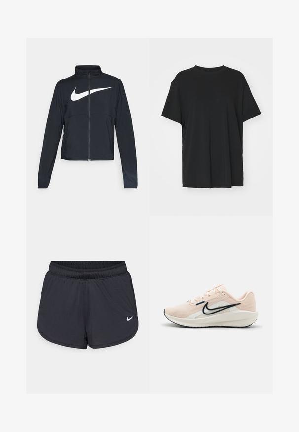Giacca sportiva nera con zip completa, colletto alto, maniche lunghe e grande logo swoosh bianco Nike sul petto.; T-shirt nera a maniche corte realizzata in un tessuto morbido, con collo rotondo e vestibilità ampia. Presenta delle fessure laterali per un comfort e una traspirabilità aggiuntivi.; Pantaloncini sportivi neri con cintura elastica, caratterizzati da un design sportivo e un logo Nike bianco sulla parte anteriore inferiore. Tessuto strutturato.; Nike Performance DOWNSHIFTER 13 - Scarpe da corsa su strada - guava ice, armory,navy sail