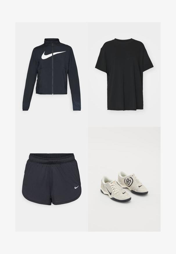 Svart joggebund med hel glidelås, høy krage, lange ermer og stort hvitt Nike swoosh-logo over brystet.; Svart t-skjorte med korte ermer laget av glatt stoff, med rund hals og løs passform. Har sideslisser for ekstra komfort og pusteevne.; Sorte atletiske shorts med elastisk midjebånd, med et sporty design og en hvit Nike-logo på nedre front. Teksturert stoff.; Nike-sko med en beige og grå teksturert overflate, svarte detaljer, en stor "90" logo, og en hvit snøring. Svarte såler.