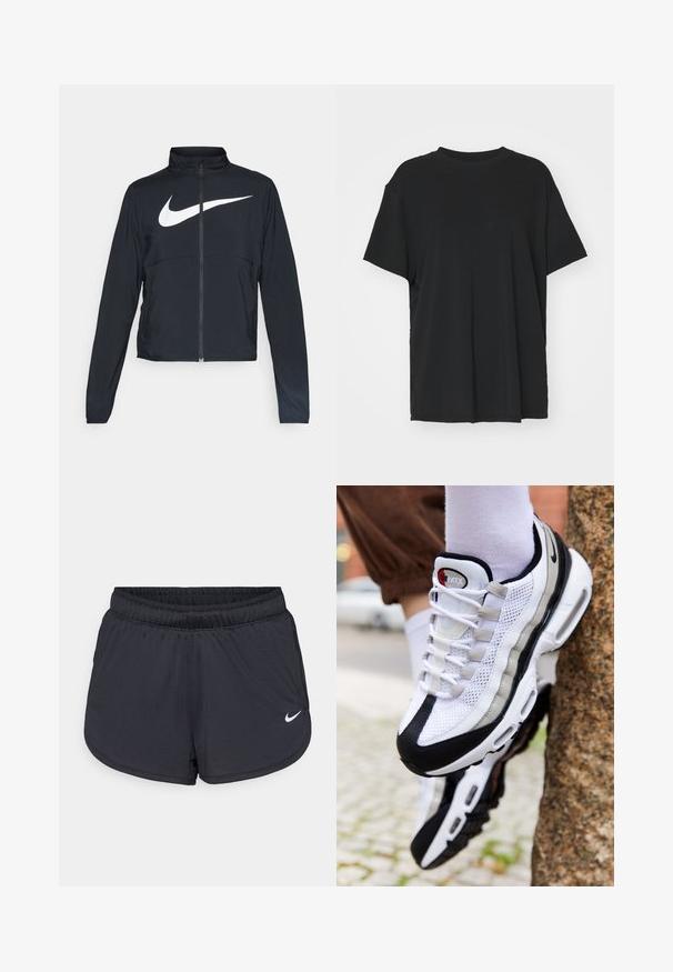 Svart joggebund med hel glidelås, høy krage, lange ermer og stort hvitt Nike swoosh-logo over brystet.; Svart t-skjorte med korte ermer laget av glatt stoff, med rund hals og løs passform. Har sideslisser for ekstra komfort og pusteevne.; Sorte atletiske shorts med elastisk midjebånd, med et sporty design og en hvit Nike-logo på nedre front. Teksturert stoff.; Hvit og svart mesh sneakers med en glatt sølvdetalj, som har en avrundet tå, snøring og en polstret såle.