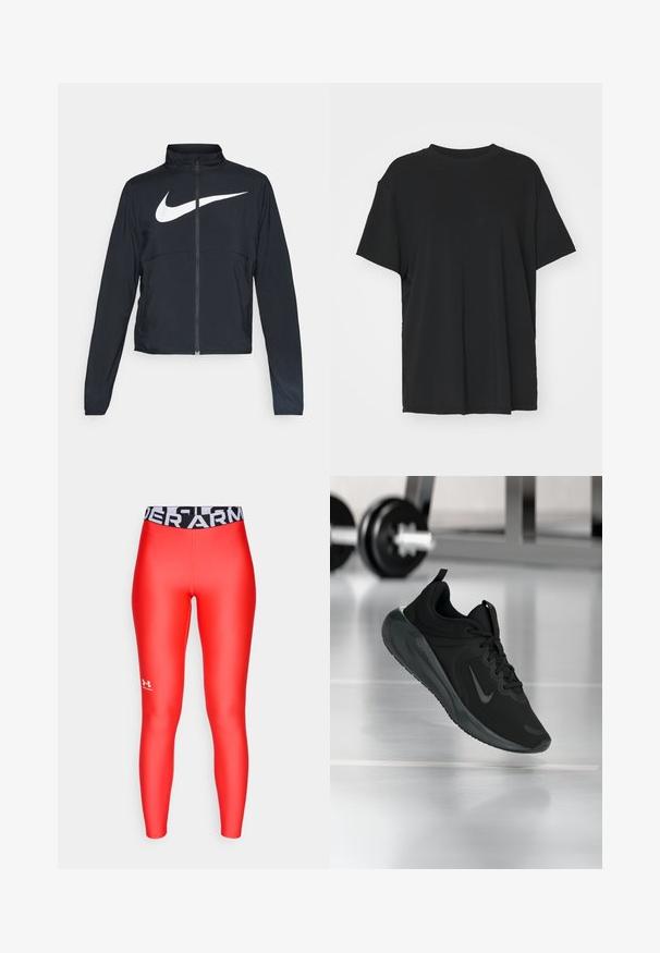 Casaco desportivo preto com fecho éclair completo, gola alta, mangas longas e grande logótipo branco da Nike na parte frontal.; T-shirt preto de manga curta feito de tecido suave, com decote redondo e corte solto. Apresenta aberturas laterais para maior conforto e respirabilidade.; Leggings vermelhos feitos de um material liso e elástico, com uma faixa preta na cintura onde está escrito "UNDER ARMOUR" em branco. Pequeno logótipo na parte inferior da perna.; Sapatilha desportiva preta com o logotipo da Nike, mostrada em pleno ar sobre o chão do ginásio, com um suporte de halteres desfocado ao fundo.