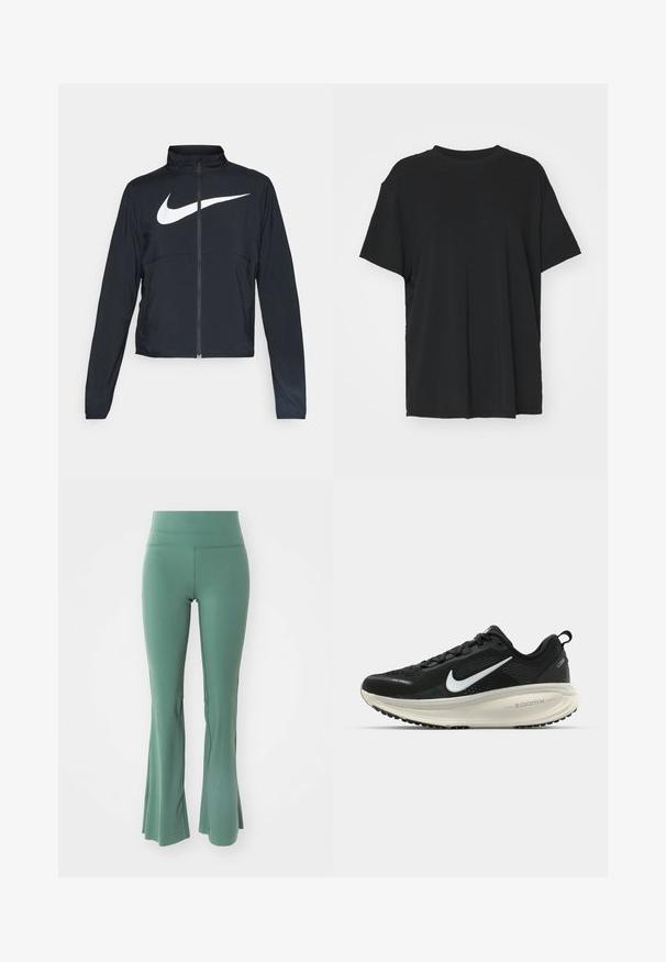 Giacca sportiva nera con zip completa, colletto alto, maniche lunghe e grande logo swoosh bianco Nike sul petto.; T-shirt nera a maniche corte realizzata in un tessuto morbido, con collo rotondo e vestibilità ampia. Presenta delle fessure laterali per un comfort e una traspirabilità aggiuntivi.; Leggings verdi a campana realizzati in tessuto elastico. Presentano un'alta vita e una texture liscia, progettati per comfort e libertà di movimento.; Scarpa da corsa nera Nike con tomaia in rete traspirante, logo Swoosh bianco, dettagli testurizzati e intersuola ZoomX di colore crema.