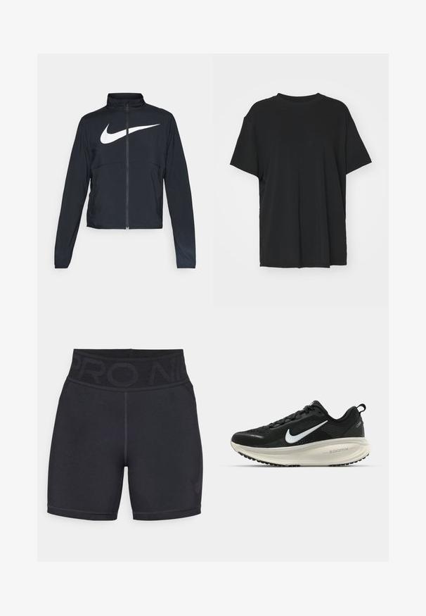 Svart joggebund med hel glidelås, høy krage, lange ermer og stort hvitt Nike swoosh-logo over brystet.; Svart t-skjorte med korte ermer laget av glatt stoff, med rund hals og løs passform. Har sideslisser for ekstra komfort og pusteevne.; Sorte treningsshorts laget av elastisk materiale, med høy midje som har "PRO" trykket, og en liten logo i det nederste hjørnet.; Svart Nike løpesko med pustende mesh-overdel, hvit swoosh-logo, teksturert detaljer og en kremfarget ZoomX mellomsåle.