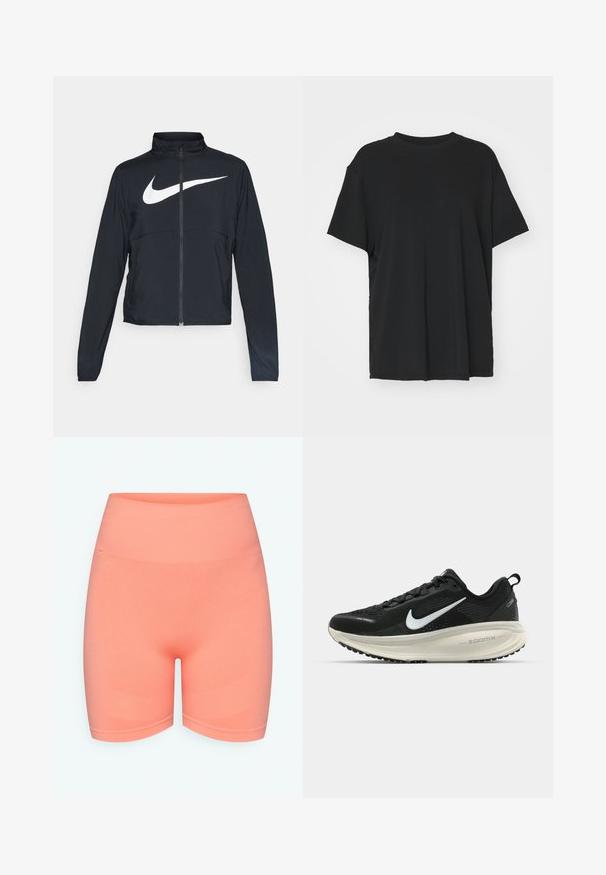 Zwarte sportjas met volledige rits, hoge kraag, lange mouwen en groot wit Nike swoosh-logo op de borst.; Zwarte korte mouwen t-shirt van soepel stof, met een ronde hals en een losse pasvorm. Heeft zij-splitten voor extra comfort en ademend vermogen.; Perzikkleurige, hooggewaisted sportshorts van rekbaar materiaal, met een gladde textuur en subtiele geribbelde accenten bij de zoom.; Zwarte Nike hardloopschoen met ademend mesh bovenwerk, witte swoosh-logo, gestructureerde details en een crèmekleurige ZoomX middenzool.
