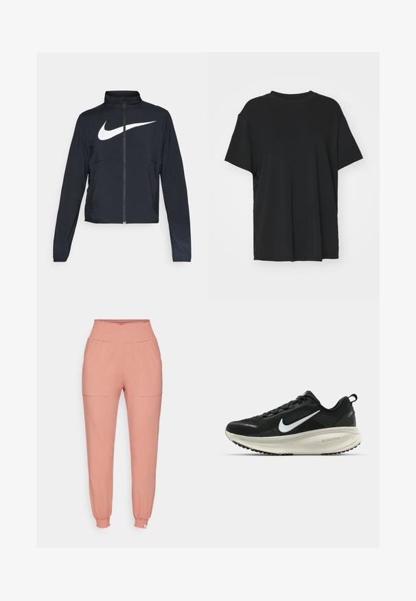 Melnā sporta jaka ar pilnu rāvējslēdzēju, augstu apkakli, garām piedurknēm un lielu baltu Nike swoosh logotipu krūšu daļā.; Melna īsām piedurknēm T-krekli, izgatavots no gludas auduma, ar apaļu kakla izgriezumu un brīvu piegriezumu. Satur sānu šķēlumu, lai nodrošinātu papildu komfortu un gaisa caurlaidību.; Rozā sporta bikses, kas izgatavotas no mīksta auduma. Aprīkotas ar elastīgu jostasviedi, divām priekšējām kabatām un sašaurinātu apkakli plecu rajonā.; Melnas Nike skriešanas kurpes ar elpojošu acs augšdaļu, baltu Swoosh logotipu, strukturētu apdari un krēmkrāsas ZoomX starpsole.
