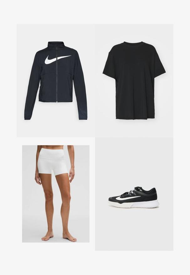 Chaqueta deportiva negra de cremallera completa con cuello alto, mangas largas y gran logo de Nike en blanco en el pecho.; Camiseta negra de manga corta hecha de tejido suave, con cuello redondo y corte holgado. Presenta aberturas laterales para mayor comodidad y transpirabilidad.; Shorts de tela blanca y elástica con una cinturilla alta, de longitud media hasta el muslo, textura suave y sin patrones ni acentos visibles.; Zapatilla deportiva negra con acentos blancos, que presenta una parte superior texturizada, punta redonda, cordones planos y una gruesa suela de goma blanca.