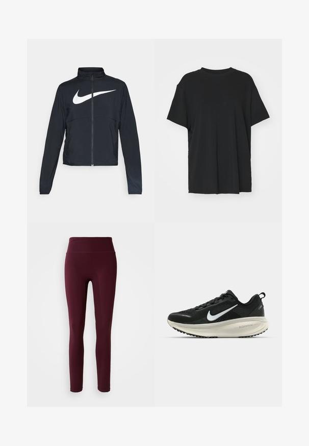 Svart joggebund med hel glidelås, høy krage, lange ermer og stort hvitt Nike swoosh-logo over brystet.; Svart t-skjorte med korte ermer laget av glatt stoff, med rund hals og løs passform. Har sideslisser for ekstra komfort og pusteevne.; Bordeaux leggings med høy livdel, laget av stretchmateriale, med en glatt tekstur og tettsittende design. Ingen synlige mønstre eller aksenter.; Svart Nike løpesko med pustende mesh-overdel, hvit swoosh-logo, teksturert detaljer og en kremfarget ZoomX mellomsåle.