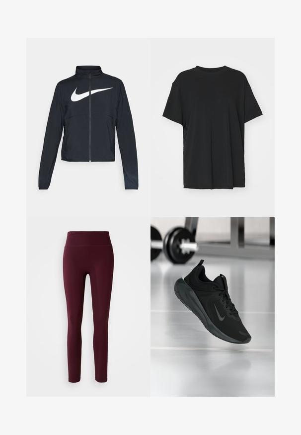 Chaqueta deportiva negra de cremallera completa con cuello alto, mangas largas y gran logo de Nike en blanco en el pecho.; Camiseta negra de manga corta hecha de tejido suave, con cuello redondo y corte holgado. Presenta aberturas laterales para mayor comodidad y transpirabilidad.; Leggings burdeos con una cintura alta, hechos de una tela elástica, que cuentan con una textura suave y un diseño ajustado. Sin patrones ni acentos visibles.; Zapatilla deportiva negra con el logo de Nike, mostrada en el aire sobre el suelo del gimnasio, con un soporte de mancuernas desenfocado en el fondo.
