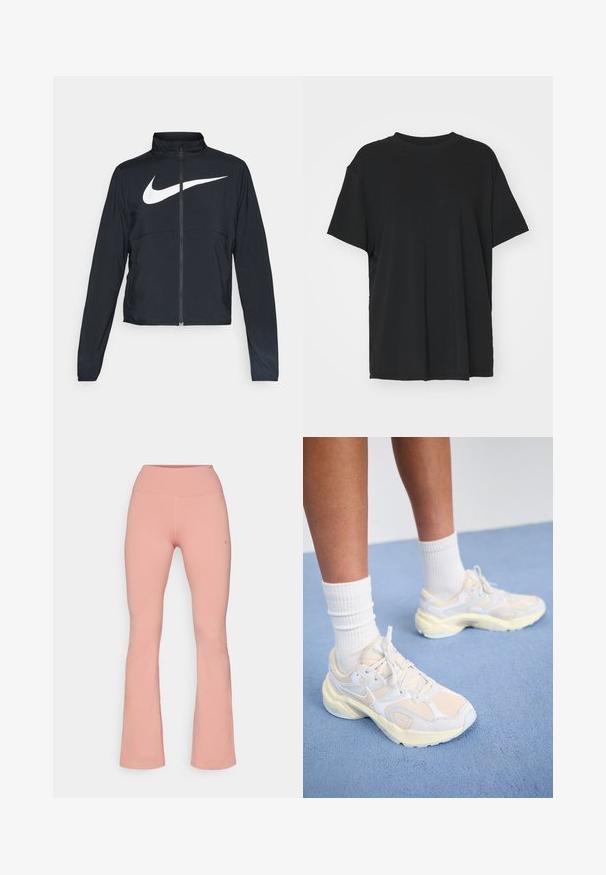 Juodas sportinis džemperis su visiškai užtraukiama užtrauktuku, aukšta apykakle, ilgomis rankovėmis ir dideliu baltu Nike swoosh logotipu per krūtinę.; Juodas trumpas rankovėmis marškinėliai, pagaminti iš lygaus audinio, su apvaliu iškirpimu ir laisvu siluetu. Įrengti šoninių skeltukų patogumui ir oro pralaidumui.; Flared sportiniai keliai iš švelnaus rožinio audinio, su aukšta liemeniu ir glotnia tekstūra, minimaliais siuvimo detalėmis ir logotipo elementu šone.; Išvaizdūs sportiniai bateliai šviesiai geltonos ir baltos spalvų, pagaminti iš tinklinės ir sintetinių medžiagų, apvalios formos ir su tekstūruotais padais.