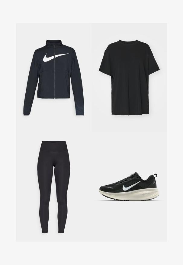 Black full-zip sports jacket with high collar, long sleeves, and large white Nike swoosh logo across the chest.; Black short-sleeve t-shirt made of smooth fabric, with a crew neck and loose fit. Features side slits for added comfort and breathability.; Nike Performance FAST 7/8 - Leggings - black/white; Black Nike running shoe with breathable mesh upper, white swoosh logo, textured detailing, and a cream-colored ZoomX midsole.