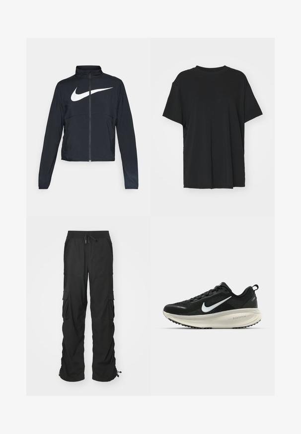 Černá sportovní bunda na zip s vysokým límcem, dlouhými rukávy a velkým bílým logem Nike swoosh přes prsa.; Černé tričko s krátkým rukávem vyrobené z hladkého materiálu, s kulatým výstřihem a volným střihem. Obsahuje boční rozparky pro větší pohodlí a prodyšnost.; Černé cargo kalhoty se stahovacími šňůrkami v pase, bočními kapsami a elastickými manžetami. Vyrobeny z texturované látky pro odolnost a pohodlí.; Černá běžecká obuv Nike s prodyšným síťovaným svrškem, bílým logem swoosh, texturovanými detaily a krémovou mezipodešví ZoomX.