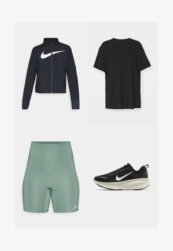 Veste de sport noire zippée sur toute la longueur avec un col haut, des manches longues et un grand logo Nike swoosh blanc sur la poitrine.; T-shirt noir à manches courtes en tissu lisse, avec un col ras du cou et une coupe décontractée. Présente des fentes sur les côtés pour plus de confort et de respirabilité.; Shorts de sport taille haute d'une couleur vert atténué. Fabriqués en matériau lisse et extensible avec des coutures plates et un accent de logo réfléchissant.; Baskets de course noir Nike avec tige respirante en mesh, logo swoosh blanc, détails texturés et semelle intermédiaire ZoomX de couleur crème.