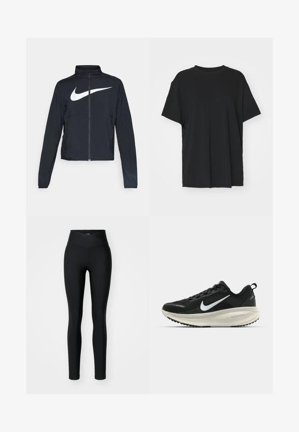 Veste de sport noire zippée sur toute la longueur avec un col haut, des manches longues et un grand logo Nike swoosh blanc sur la poitrine.; T-shirt noir à manches courtes en tissu lisse, avec un col ras du cou et une coupe décontractée. Présente des fentes sur les côtés pour plus de confort et de respirabilité.; Leggings noirs en tissu extensible, avec une taille haute croisée et un design ajusté. Texture lisse sans motifs ni accents visibles.; Baskets de course noir Nike avec tige respirante en mesh, logo swoosh blanc, détails texturés et semelle intermédiaire ZoomX de couleur crème.