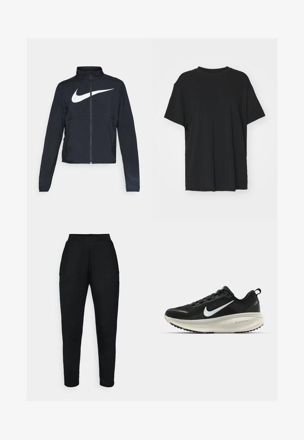 Zwarte sportjas met volledige rits, hoge kraag, lange mouwen en groot wit Nike swoosh-logo op de borst.; Zwarte korte mouwen t-shirt van soepel stof, met een ronde hals en een losse pasvorm. Heeft zij-splitten voor extra comfort en ademend vermogen.; Zwarte tapered broek met een elastische tailleband, voorzien van zijzakken en een gladde, zachte textuur. Geschikt voor casual of actieve kleding.; Zwarte Nike hardloopschoen met ademend mesh bovenwerk, witte swoosh-logo, gestructureerde details en een crèmekleurige ZoomX middenzool.