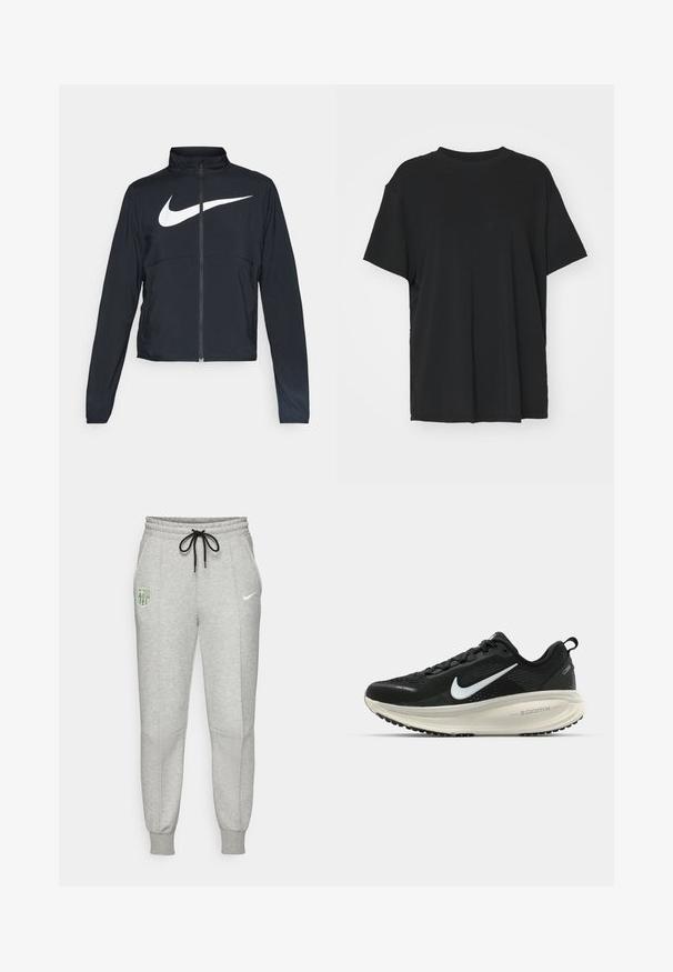 Čierna športová bunda na zips s vysokým golierom, dlhými rukávmi a veľkým bielym logom Nike na hrudi.; Čierne tričko s krátkym rukávom vyrobené z hladkej tkaniny, s okrúhlym výstrihom a voľným strihom. Obsahuje bočné rozparky pre väčšie pohodlie a priedušnosť.; Svetlo šedé tepláky s čiernou šnúrkou, elastickými manžetami, logom FC Barcelona na ľavom stehne a neonovým logom Nike na pravom stehne.; Čierne bežecké topánky Nike s priedušnou sieťovinou, bielym logom s symbolom swoosh, textúrovanými detailmi a krémovou ZoomX medzipodrážkou.