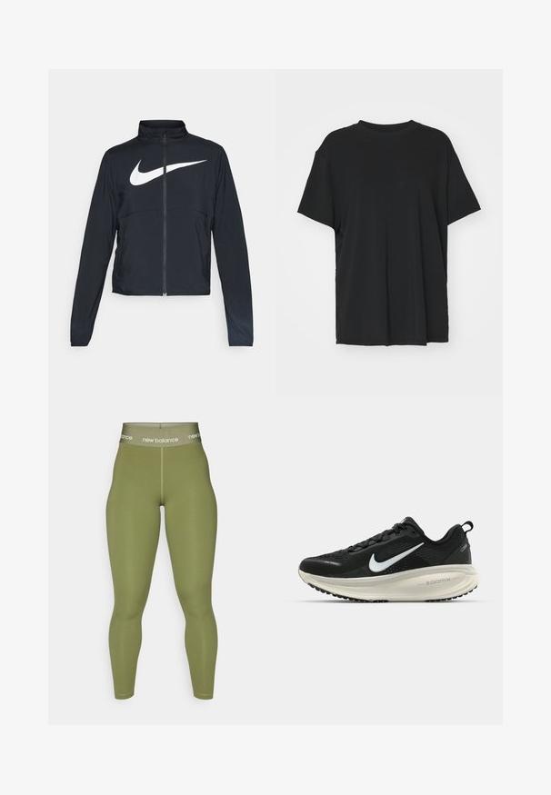 Giacca sportiva nera con zip completa, colletto alto, maniche lunghe e grande logo swoosh bianco Nike sul petto.; T-shirt nera a maniche corte realizzata in un tessuto morbido, con collo rotondo e vestibilità ampia. Presenta delle fessure laterali per un comfort e una traspirabilità aggiuntivi.; New Balance NB SLEEK HIGH RISE SPORT 25 - Leggings - dark olivine; Scarpa da corsa nera Nike con tomaia in rete traspirante, logo Swoosh bianco, dettagli testurizzati e intersuola ZoomX di colore crema.