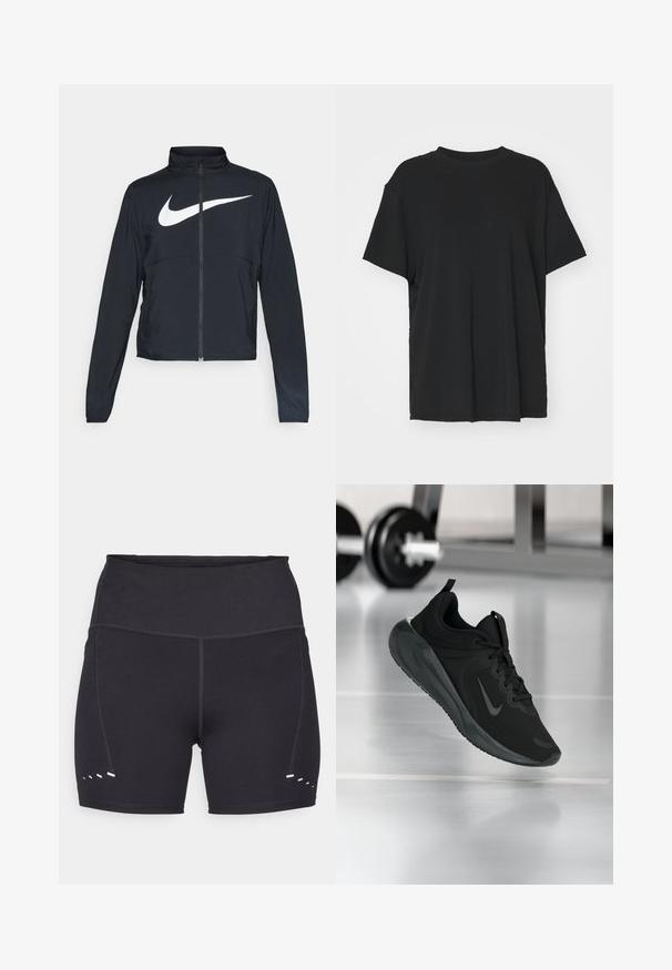 Czarna bluza sportowa na zamek błyskawiczny z wysokim kołnierzem, długimi rękawami i dużym białym logo Nike na klatce piersiowej.; Czarna krótko rękawowa koszulka wykonana z gładkiego materiału, z okrągłym dekoltem i luźnym krojem. Posiada boczne rozcięcia, które zapewniają dodatkowy komfort i przewiewność.; Czarne sportowe spodenki o gładkiej fakturze, z wyższym stanem i kontrastującymi białymi detalami po bokach. Wykonane z elastycznego, oddychającego materiału.; Czarny sportowy sneaker z logo Nike, pokazany w powietrzu na podłodze siłowni, z rozmytym regałem z hantlami w tle.