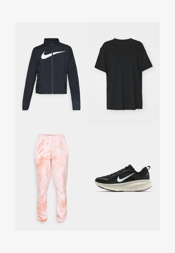 Juodas sportinis džemperis su visiškai užtraukiama užtrauktuku, aukšta apykakle, ilgomis rankovėmis ir dideliu baltu Nike swoosh logotipu per krūtinę.; Juodas trumpas rankovėmis marškinėliai, pagaminti iš lygaus audinio, su apvaliu iškirpimu ir laisvu siluetu. Įrengti šoninių skeltukų patogumui ir oro pralaidumui.; Šviesiai rožiniai sportiniai džinsai su šviesiai dažytų audinių dizainu, minkšta tekstūra, elastinga juosmens juosta ir su raukiniais aplink kulkšnis.; Juodas Nike sportinis batelis su kvėpuojančiu tinklu, baltu swoosh logotipu, tekstūruoto dizaino detalėmis ir grietinėlės spalvos ZoomX viduriu.