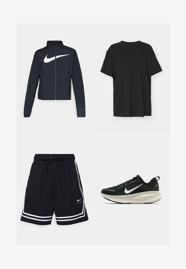 Čierna športová bunda na zips s vysokým golierom, dlhými rukávmi a veľkým bielym logom Nike na hrudi.; Čierne tričko s krátkym rukávom vyrobené z hladkej tkaniny, s okrúhlym výstrihom a voľným strihom. Obsahuje bočné rozparky pre väčšie pohodlie a priedušnosť.; Nike Performance FLY CROSSOVER SHORT - Športové šortky - black/white; Čierne bežecké topánky Nike s priedušnou sieťovinou, bielym logom s symbolom swoosh, textúrovanými detailmi a krémovou ZoomX medzipodrážkou.