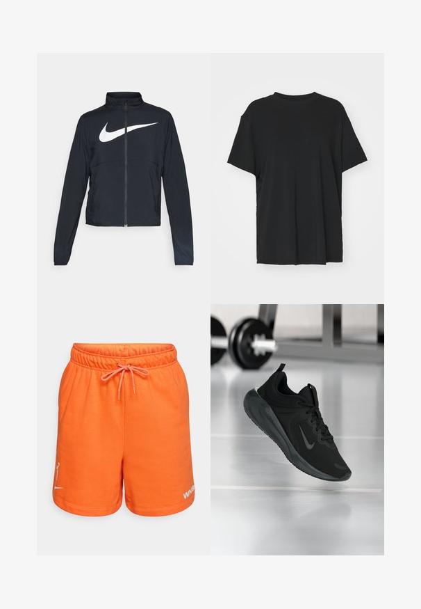 Fekete, teljes cipzáros sportdzseki magas gallérral, hosszú ujjal, amelyen egy nagy, fehér Nike logó található a mellkason.; Fekete, rövid ujjú póló sima anyagból, kerek nyakkivágással és laza szabással. Oldalhasítékokkal a kényelem és a légáteresztés érdekében.; Narancssárga pamut rövidnadrág, elasztikus derékpánttal és húzózsinórral. A bal szárán fehér logóval rendelkezik. Simább textúra és laza dizájn jellemzi.; Fekete sportcipő Nike logóval, amely a levegőben látható az edzőterem padlóján, a háttérben elmosódott kézi súlyzó állvánnyal.