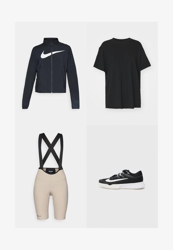 Must musta täispikk vary hoodie kõrge krae, pikad varrukad ja suur valge Nike swooshi logo rinnal.; Must have lühikeste varrukatega must t-särk, mis on valmistatud siledast kangast, ümmarguse kaelusega ja laia lõikega. Omab külgslitsid, mis pakuvad lisamugavust ja hingavust.; Beežid rattapüksid mustade elastsete rihmadega. Sile tekstuur, kehasse liibuv disain, sisseehitatud pehmendus mugavuse jaoks ning brändingu elemendid jalal.; Mustad mustressport kingad valgete detailidega, millel on tekstureeritud ülemine osa, ümmargune varvas, lame sidumispael ja paks valgest kummist tald.