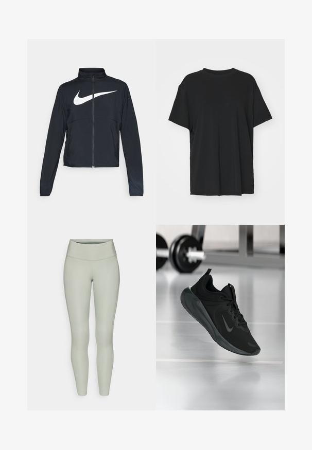 Schwarze Sportjacke mit vollem Reißverschluss, hohem Kragen, langen Ärmeln und großem weißen Nike-Swoosh-Logo auf der Brust.; Schwarzes T-Shirt mit kurzen Ärmeln aus glattem Stoff, mit Rundhalsausschnitt und lockerer Passform. Verfügt über seitliche Schlitze für zusätzlichen Komfort und Atmungsaktivität.; Hellgrüne Leggings mit hohem Bund, glatter Textur und figurbetontem Schnitt mit subtilen Seitennähten.; Schwarzer Sportsneaker mit Nike-Logo, mid-air über dem Boden des Fitnessstudios, mit unscharfem Hantelregal im Hintergrund.
