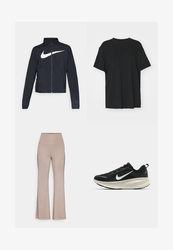 Casaco desportivo preto com fecho éclair completo, gola alta, mangas longas e grande logótipo branco da Nike na parte frontal.; T-shirt preto de manga curta feito de tecido suave, com decote redondo e corte solto. Apresenta aberturas laterais para maior conforto e respirabilidade.; Calças de cintura alta, em bege claro, com corte flare, feitas de um tecido suave com uma textura lisa e sem padrões ou detalhes em metal visíveis.; Sapatilha de corrida Nike preta com parte superior de malha respirável, logotipo Swoosh branco, detalhes texturizados e uma entressola ZoomX na cor creme.