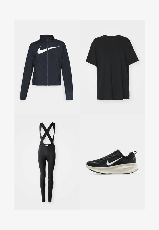 Melnā sporta jaka ar pilnu rāvējslēdzēju, augstu apkakli, garām piedurknēm un lielu baltu Nike swoosh logotipu krūšu daļā.; Melna īsām piedurknēm T-krekli, izgatavots no gludas auduma, ar apaļu kakla izgriezumu un brīvu piegriezumu. Satur sānu šķēlumu, lai nodrošinātu papildu komfortu un gaisa caurlaidību.; Melni velosipēdu bikses ar spilventiņu un krustotiem plecu siksnām, attēlotas uz baltas fona.; Melnas Nike skriešanas kurpes ar elpojošu acs augšdaļu, baltu Swoosh logotipu, strukturētu apdari un krēmkrāsas ZoomX starpsole.