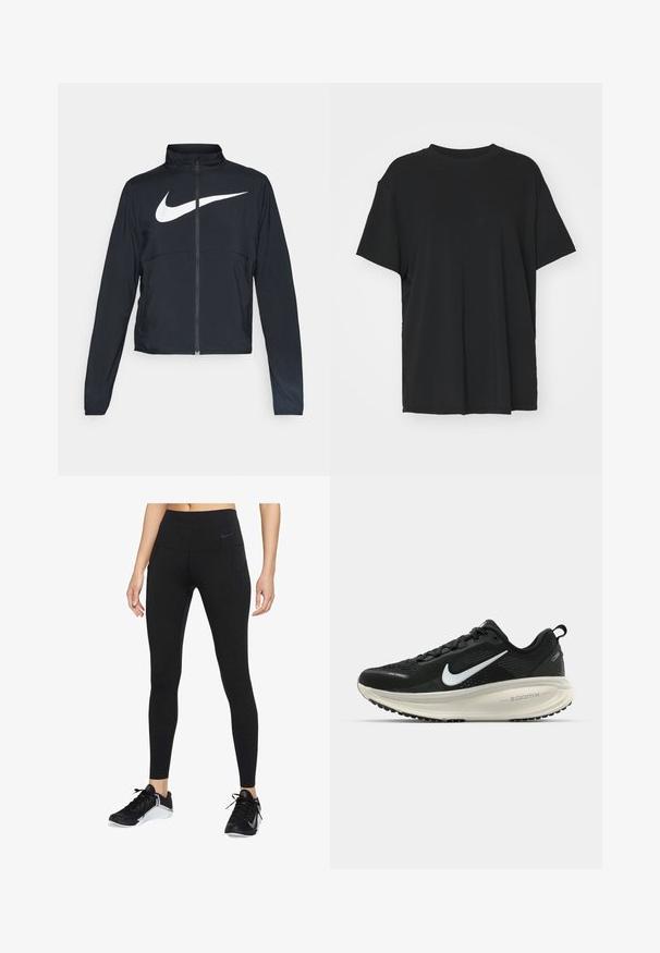 Fekete, teljes cipzáros sportdzseki magas gallérral, hosszú ujjal, amelyen egy nagy, fehér Nike logó található a mellkason.; Fekete, rövid ujjú póló sima anyagból, kerek nyakkivágással és laza szabással. Oldalhasítékokkal a kényelem és a légáteresztés érdekében.; Fekete sport legginszek magas derékkal, rugalmas anyagból. Oldalsó zsebekkel rendelkezik, és diszkrét Nike logó található a derékrészen.; Fekete Nike futócipő légáteresztő hálós felsőrésszel, fehér Swoosh logóval, textúrázott részletekkel és krém színű ZoomX középtalppal.