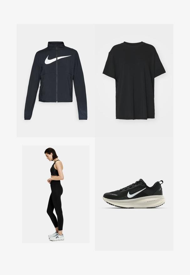 Černá sportovní bunda na zip s vysokým límcem, dlouhými rukávy a velkým bílým logem Nike swoosh přes prsa.; Černé tričko s krátkým rukávem vyrobené z hladkého materiálu, s kulatým výstřihem a volným střihem. Obsahuje boční rozparky pro větší pohodlí a prodyšnost.; Černá sportovní podprsenka a legíny s vysokým pasem. Vyznačují se hladkým povrchem a přiléhavým střihem. V kombinaci s bílými a šedými teniskami.; Černá běžecká obuv Nike s prodyšným síťovaným svrškem, bílým logem swoosh, texturovanými detaily a krémovou mezipodešví ZoomX.
