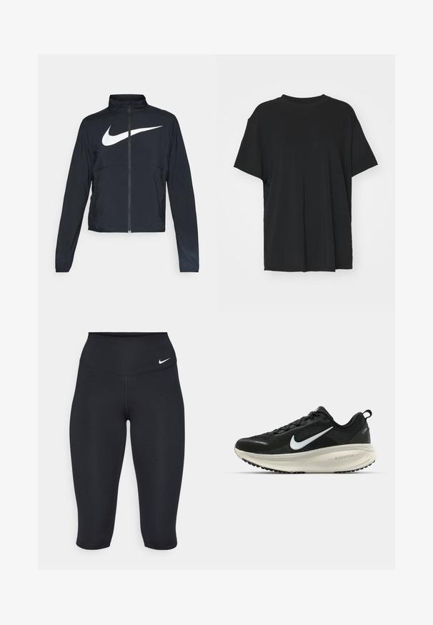 Zwarte sportjas met volledige rits, hoge kraag, lange mouwen en groot wit Nike swoosh-logo op de borst.; Zwarte korte mouwen t-shirt van soepel stof, met een ronde hals en een losse pasvorm. Heeft zij-splitten voor extra comfort en ademend vermogen.; Nike zwarte capri legging heeft een hoge tailleband, gladde stretchstof en een subtiele logo-detail aan de voorkant.; Zwarte Nike hardloopschoen met ademend mesh bovenwerk, witte swoosh-logo, gestructureerde details en een crèmekleurige ZoomX middenzool.