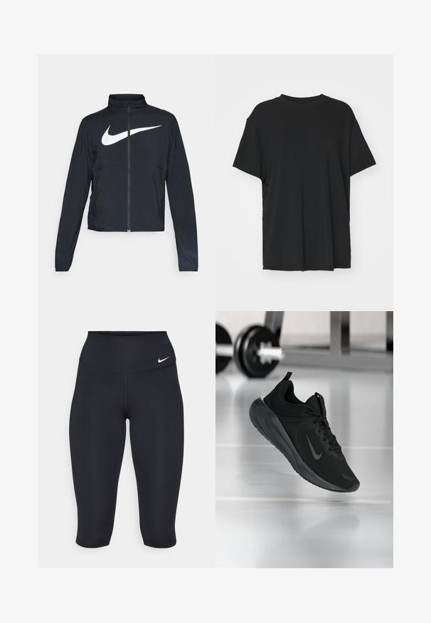Fekete, teljes cipzáros sportdzseki magas gallérral, hosszú ujjal, amelyen egy nagy, fehér Nike logó található a mellkason.; Fekete, rövid ujjú póló sima anyagból, kerek nyakkivágással és laza szabással. Oldalhasítékokkal a kényelem és a légáteresztés érdekében.; A Nike fekete capri leggings egy magas derekú fazonnal, sima rugalmas anyaggal és diszkrét logó részlettel rendelkezik az elülső részen.; Fekete sportcipő Nike logóval, amely a levegőben látható az edzőterem padlóján, a háttérben elmosódott kézi súlyzó állvánnyal.