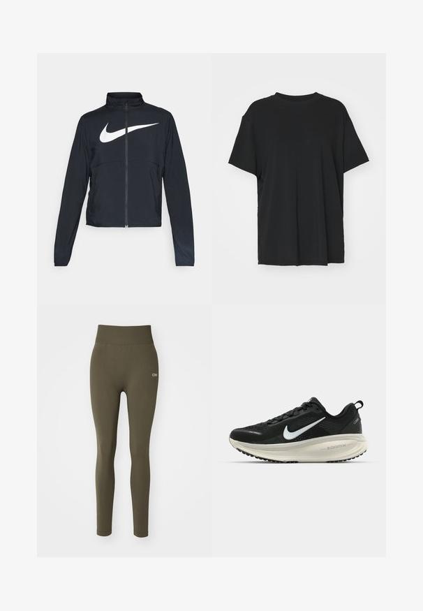 Zwarte sportjas met volledige rits, hoge kraag, lange mouwen en groot wit Nike swoosh-logo op de borst.; Zwarte korte mouwen t-shirt van soepel stof, met een ronde hals en een losse pasvorm. Heeft zij-splitten voor extra comfort en ademend vermogen.; Olijfgroene legging met een hoge tailleband, gemaakt van rekbare stof. Beschikt over een subtiel logo aan de linkerkant en een gladde textuur.; Zwarte Nike hardloopschoen met ademend mesh bovenwerk, witte swoosh-logo, gestructureerde details en een crèmekleurige ZoomX middenzool.