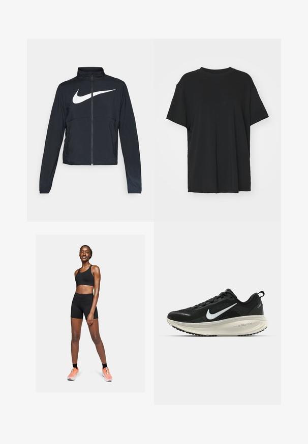 Schwarze Sportjacke mit vollem Reißverschluss, hohem Kragen, langen Ärmeln und großem weißen Nike-Swoosh-Logo auf der Brust.; Schwarzes T-Shirt mit kurzen Ärmeln aus glattem Stoff, mit Rundhalsausschnitt und lockerer Passform. Verfügt über seitliche Schlitze für zusätzlichen Komfort und Atmungsaktivität.; Schwarzer Sport-BH und Shorts aus elastischem Material, mit figurbetontem Design. Orangefarbene und weiße Sportschuhe ergänzen das Outfit.; Schwarzer Nike-Laufschuh mit atmungsaktivem Mesh-Obermaterial, weißem Swoosh-Logo, strukturierten Details und einer cremefarbenen ZoomX-Zwischensohle.