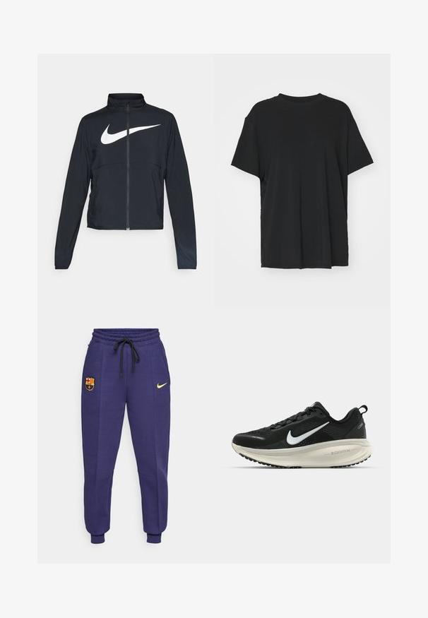 Zwarte sportjas met volledige rits, hoge kraag, lange mouwen en groot wit Nike swoosh-logo op de borst.; Zwarte korte mouwen t-shirt van soepel stof, met een ronde hals en een losse pasvorm. Heeft zij-splitten voor extra comfort en ademend vermogen.; Nike trainingsbroek in donkerpaars met een trekkoord in de taille, zijzakken en een geel logo. Bevat een geborduurd FC Barcelona-embleem.; Zwarte Nike hardloopschoen met ademend mesh bovenwerk, witte swoosh-logo, gestructureerde details en een crèmekleurige ZoomX middenzool.