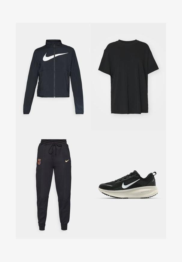 Černá sportovní bunda na zip s vysokým límcem, dlouhými rukávy a velkým bílým logem Nike swoosh přes prsa.; Černé tričko s krátkým rukávem vyrobené z hladkého materiálu, s kulatým výstřihem a volným střihem. Obsahuje boční rozparky pro větší pohodlí a prodyšnost.; Černé tepláky vyrobené z bavlněné směsové tkaniny, s elastickým pasem na šňůrku, postranními kapsami a vyšitými logy ve zlaté a barevné variantě.; Černá běžecká obuv Nike s prodyšným síťovaným svrškem, bílým logem swoosh, texturovanými detaily a krémovou mezipodešví ZoomX.