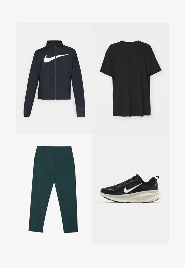 Melnā sporta jaka ar pilnu rāvējslēdzēju, augstu apkakli, garām piedurknēm un lielu baltu Nike swoosh logotipu krūšu daļā.; Melna īsām piedurknēm T-krekli, izgatavots no gludas auduma, ar apaļu kakla izgriezumu un brīvu piegriezumu. Satur sānu šķēlumu, lai nodrošinātu papildu komfortu un gaisa caurlaidību.; Tumši zaļi capri legingi ar augstu jostasvietu, izgatavoti no gludas, elastīgas materiāla. Iezīmē plakanšuvju šuves un pieguļošu siluetu.; Melnas Nike skriešanas kurpes ar elpojošu acs augšdaļu, baltu Swoosh logotipu, strukturētu apdari un krēmkrāsas ZoomX starpsole.