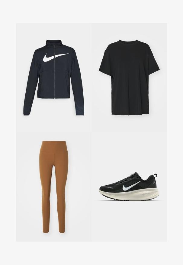 Casaco desportivo preto com fecho éclair completo, gola alta, mangas longas e grande logótipo branco da Nike na parte frontal.; T-shirt preto de manga curta feito de tecido suave, com decote redondo e corte solto. Apresenta aberturas laterais para maior conforto e respirabilidade.; Leggings castanhos feitos de um tecido elástico, com uma cintura alta e um design ajustado que afinam nos tornozelos. Textura suave, sem padrões.; Sapatilha de corrida Nike preta com parte superior de malha respirável, logotipo Swoosh branco, detalhes texturizados e uma entressola ZoomX na cor creme.