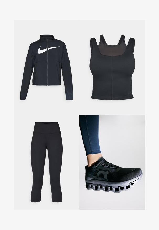 Black full-zip sports jacket with high collar, long sleeves, and large white Nike swoosh logo across the chest.; Black sports bra featuring a fitted design, wide straps, and a mesh overlay on the front. Smooth texture and minimal seams. Nike logo on hem.; Black cropped leggings made of stretchy fabric, featuring a high waistband and smooth texture, with no visible patterns or hardware.; Black running shoe with a textured upper and a distinctive midsole featuring a unique segmented design. Accented with a logo on the side.
