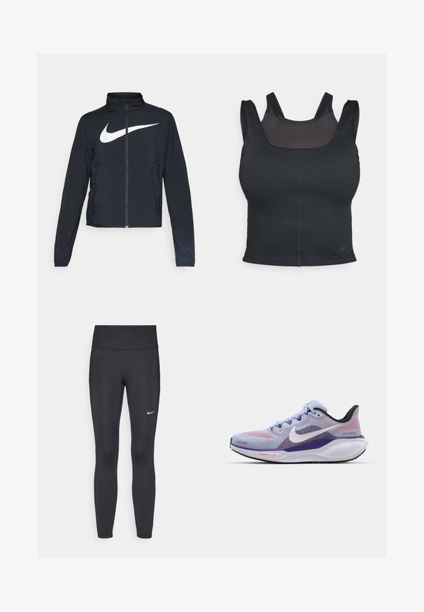 Giacca sportiva nera con zip completa, colletto alto, maniche lunghe e grande logo swoosh bianco Nike sul petto.; Bra sportivo nero con design aderente, spalline larghe e sovrapposizione in rete sul davanti. Texture liscia e cuciture minime. Logo Nike sulla parte inferiore.; Leggings neri realizzati in tessuto elasticizzato, con una vita alta e un logo Nike bianco sulla coscia sinistra. Tessuto liscio, design aderente.; Scarpa da corsa Nike di colore blu chiaro con tomaia in rete, accenti viola, tallone nero e suola bianca con marchio "AIR 200" in rosso.