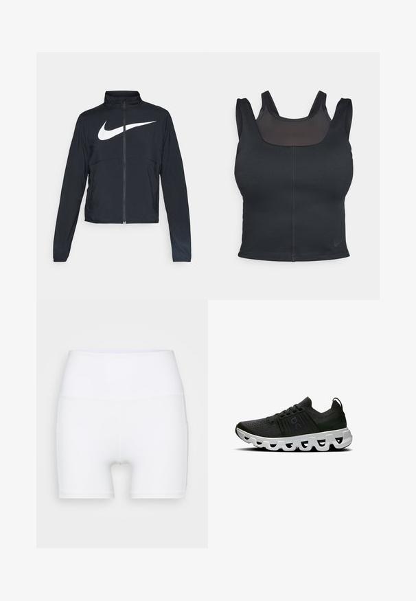 Fekete, teljes cipzáros sportdzseki magas gallérral, hosszú ujjal, amelyen egy nagy, fehér Nike logó található a mellkason.; Fekete sportrész a testhezálló kialakítása, széles pántjai és hálós borítása miatt. Sima tapintás és minimális varrások. Nike logó a szegélyén.; Fehér, magas derekú, rugalmas anyagból készült sort. Simább textúrával és testhezálló dizájnnal rendelkezik, további minták vagy fémalkatrészek nélkül.; Fekete hálós anyagból készült sportcipők, textúrázott felülettel, vastag fehér hullámos talppal és fekete részletekkel. Fűzők és saroktab is tartozik hozzá.