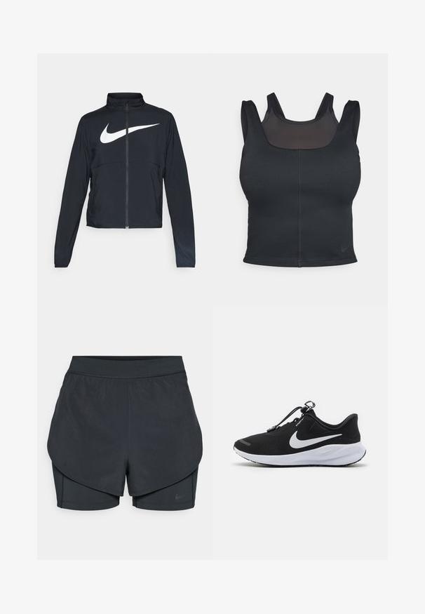 Zwarte sportjas met volledige rits, hoge kraag, lange mouwen en groot wit Nike swoosh-logo op de borst.; Zwarte sportbh met een verstelbaar ontwerp, brede schouderbanden en een gaasoverlay aan de voorkant. Gladde textuur en minimale naden. Nike-logo aan de onderkant.; Zwarte sportshorts met een gelaagd ontwerp, voorzien van een gladde buitenlaag en aansluitende binnen shorts. Gemaakt van lichtgewicht, rekbare stof.; Nike Performance REVOLUTION 7 EASYON - Hardloopschoenen voor op de weg - black/white