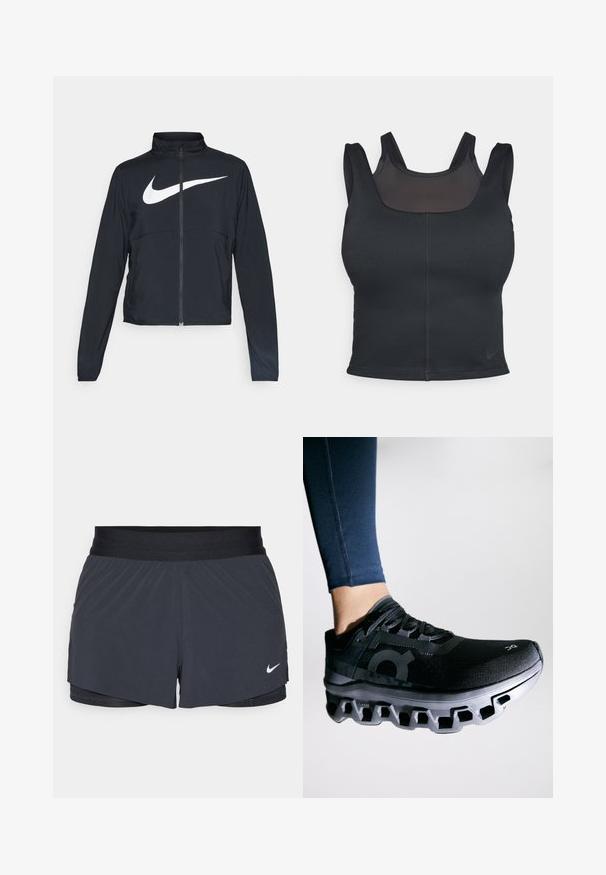 Chaqueta deportiva negra de cremallera completa con cuello alto, mangas largas y gran logo de Nike en blanco en el pecho.; Sostenedor deportivo negro con un diseño ajustado, tirantes anchos y una capa de malla en la parte delantera. Textura suave y costuras mínimas. Logo de Nike en el dobladillo.; Shorts deportivos negros con cintura elástica, que presentan un diseño en capas y un pequeño logo blanco de Nike en la parte inferior izquierda. Material ligero.; Zapatilla de running negra con una parte superior texturizada y una suela intermedia distintiva que presenta un diseño segmentado único. Acabada con un logo en el lateral.