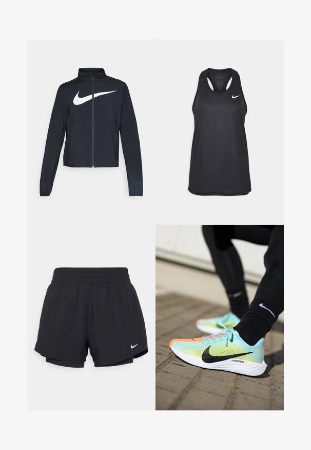 Black full-zip sports jacket with high collar, long sleeves, and large white Nike swoosh logo across the chest.; Black Nike athletic tank top with a round neck, racerback design, and embroidered logo on the chest. Smooth fabric texture.; Black athletic shorts with a gathered elastic waistband, inner lining, and white Nike logo on the lower left side. Smooth, lightweight fabric.; Nike ZoomX running shoes feature a mesh upper in mint green with black accents, orange toe cap, and white sole with textured grip.