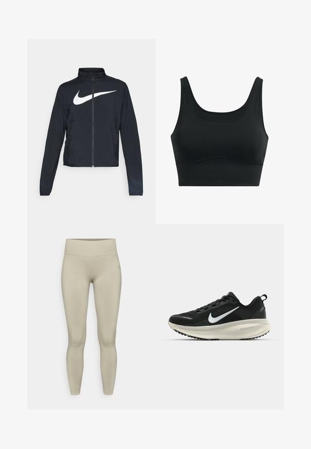 Giacca sportiva nera con zip completa, colletto alto, maniche lunghe e grande logo swoosh bianco Nike sul petto.; Brasiletta sportiva nera realizzata in tessuto liscio, con scollatura a barco, spalline larghe e design senza cuciture con orlo curvo.; Leggings color beige chiaro con una texture liscia ed elastica, vita alta e una vestibilità aderente, caratterizzati da una minima etichettatura sulla vita.; Scarpa da corsa nera Nike con tomaia in rete traspirante, logo Swoosh bianco, dettagli testurizzati e intersuola ZoomX di colore crema.