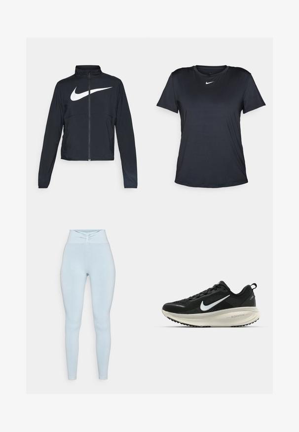 Melnā sporta jaka ar pilnu rāvējslēdzēju, augstu apkakli, garām piedurknēm un lielu baltu Nike swoosh logotipu krūšu daļā.; Melna sporta t-kreklu, kas izgatavots no gludas, vieglas auduma. Iekļauj klasisko apkakli un īsas piedurknes ar baltu Nike logo uz krūtīm.; Gaiši zila augsta jostasvieta legingi mīkstā, elastīgā audumā, ar savākuma detaļu jostasvietā un pieguļošu, sašaurinātu kāju dizainu.; Melnas Nike skriešanas kurpes ar elpojošu acs augšdaļu, baltu Swoosh logotipu, strukturētu apdari un krēmkrāsas ZoomX starpsole.