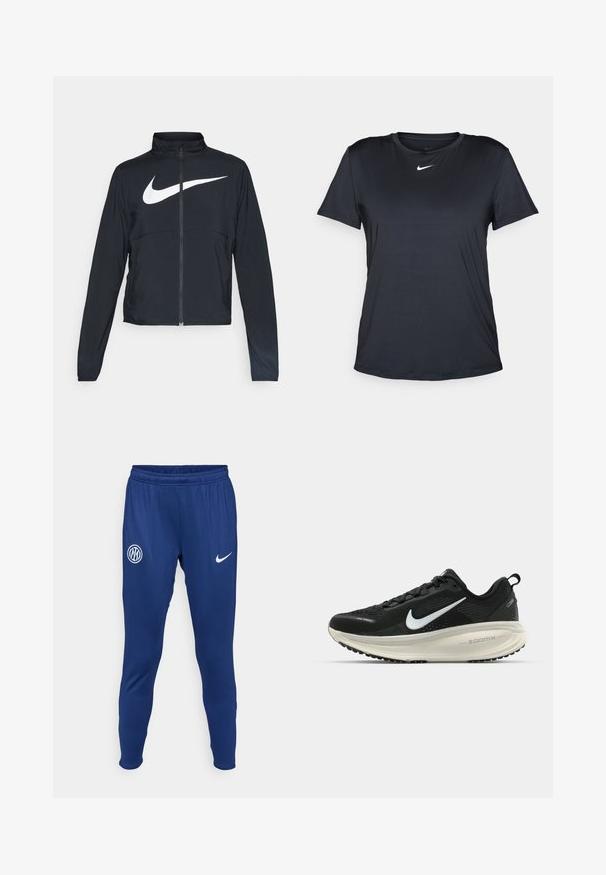Svart joggebund med hel glidelås, høy krage, lange ermer og stort hvitt Nike swoosh-logo over brystet.; Svart treningst-skjorte laget av glatt, lett stoff. Har rund hals og korte ermer med en hvit Nike-logo på brystet.; Marineblå idrettsbukser laget av glatt stoff. Har et hvitt Nike-logo og et rundt lagmerke på venstre lår. Elastisk midjebånd.; Svart Nike løpesko med pustende mesh-overdel, hvit swoosh-logo, teksturert detaljer og en kremfarget ZoomX mellomsåle.