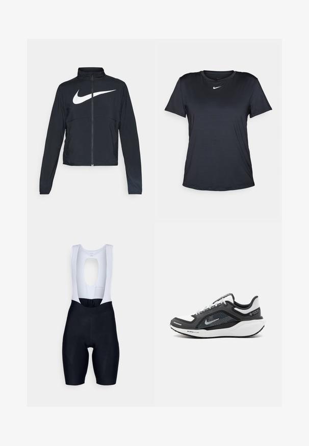 Giacca sportiva nera con zip completa, colletto alto, maniche lunghe e grande logo swoosh bianco Nike sul petto.; Maglietta nera Nike a maniche corte, con scollo rotondo, realizzata in tessuto liscio, con un piccolo logo bianco sul petto.; Rapha WOMENS CORE - Salopette da ciclismo corta - black/white; Sneakers Nike con una combinazione di colori bianco e nero, tomaia in mesh e dettagli in argento. Suola in gomma con marchio "Air Zoom", testurizzata per la presa.