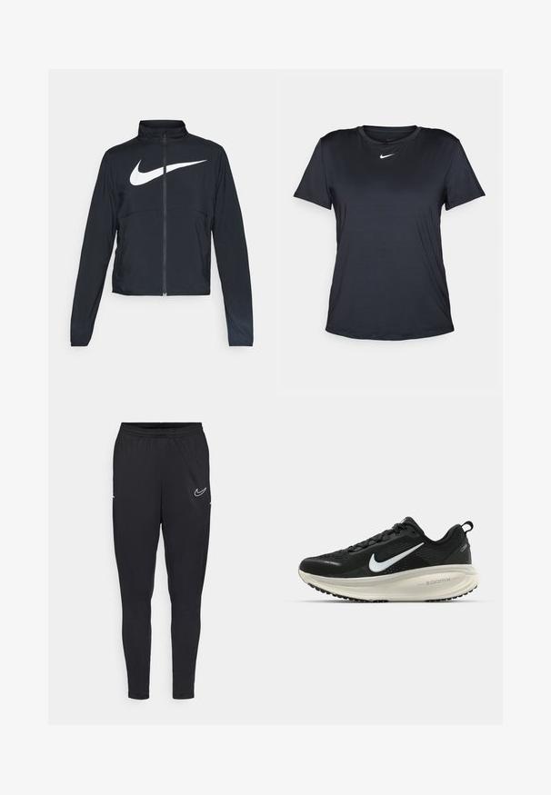 Jachetă sport neagră cu fermoar pe toată lungimea, guler înalt, mâneci lungi și un logo mare alb Nike swoosh pe piept.; Tricou negru Nike cu mâneci scurte, guler rotund, confecționat dintr-un material neted, cu un mic logo alb pe piept.; Pantaloni atletici negri dintr-un material ușor, cu un elastic la talie, design ajustat și un logo alb Nike pe coapsă.; Pantofii de alergare negri de la Nike, cu parte superioară din plasă respirabilă, logo-ul alb Swoosh, detalii texturate și o talpă intermediară ZoomX de culoare crem.